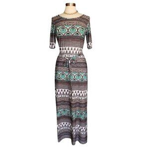 Cato Boho Maxi Dress S Green Brown Tie Waist Chic SS Casual Cottagecore NEW